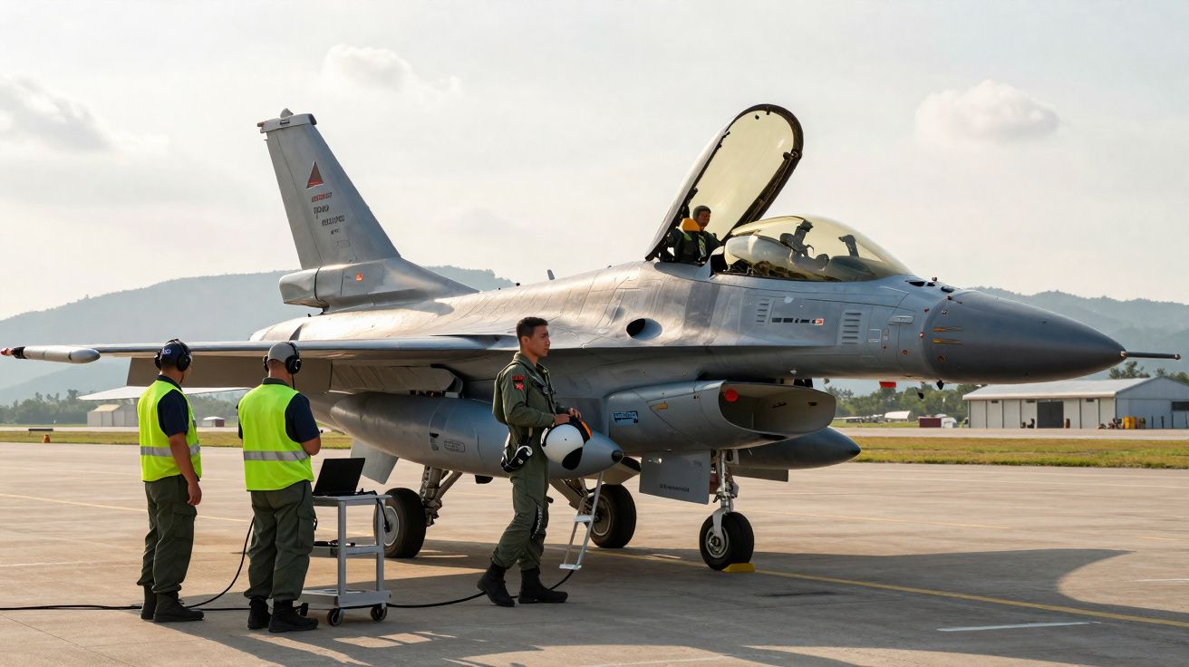 Caça F-16 estacionado com piloto e equipa de manutenção na pista de um aeroporto aéreo.