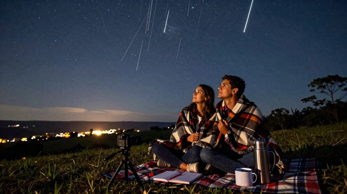 Casal com mantas observa chuva de estrelas durante a noite numa colina, com câmara e caneca ao lado.