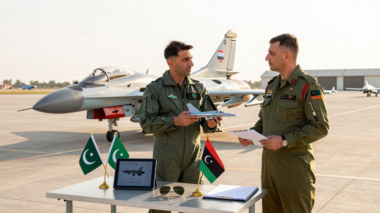 Dois pilotos militares conversam ao lado de um caça com bandeiras do Paquistão e Líbia numa base aérea.