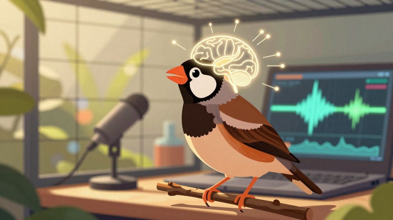 Pássaro preto, branco e castanho numa mesa com cérebro iluminado e microfone, ao lado de computador com ondas sonoras.