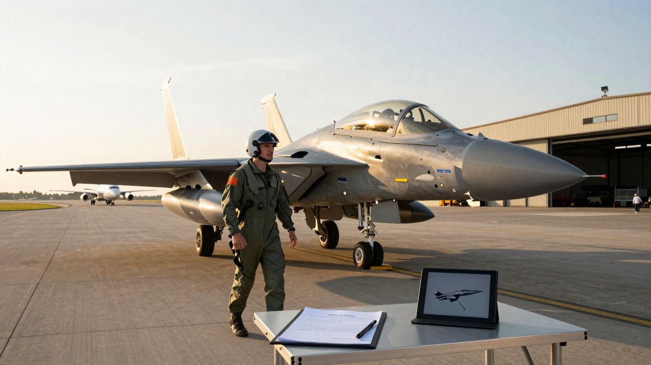 Piloto militar em fato de voo ao lado de jato de combate estacionado num aeroporto ao entardecer.