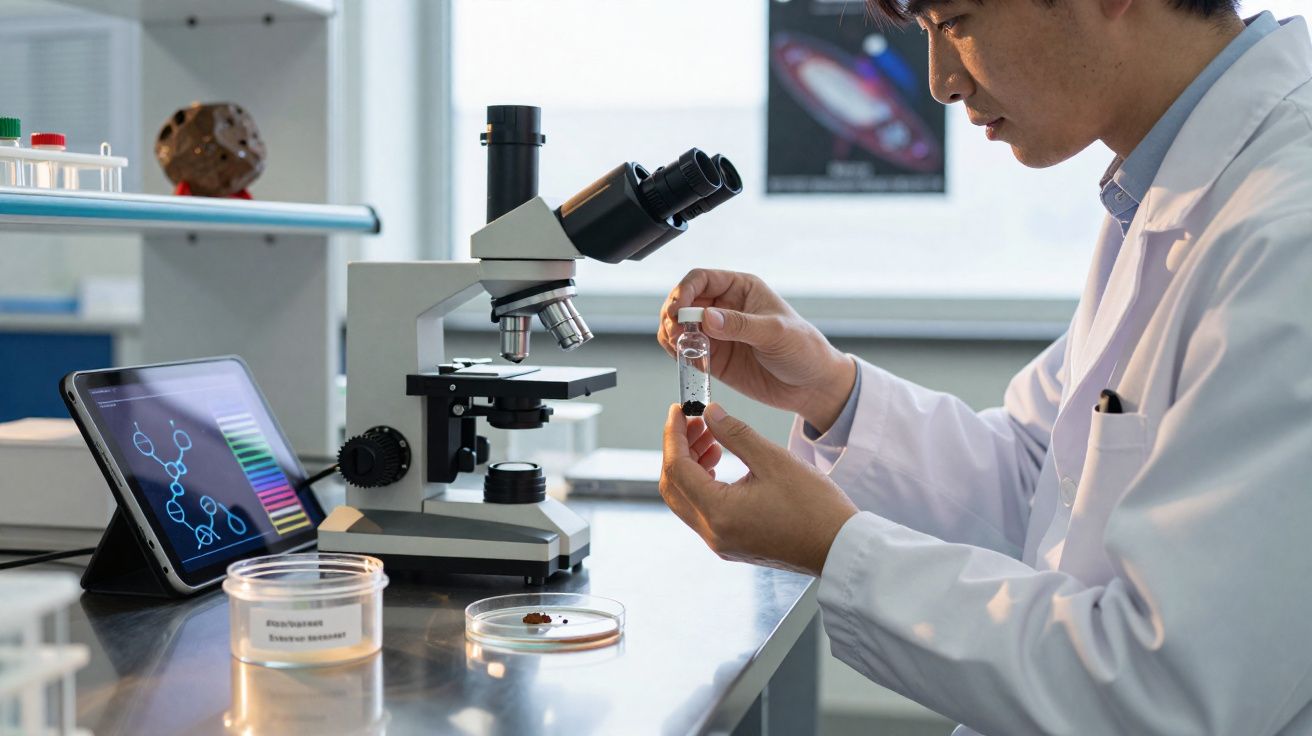 Cientista a examinar amostra em tubo de ensaio num laboratório com microscópio e tablet ao lado.