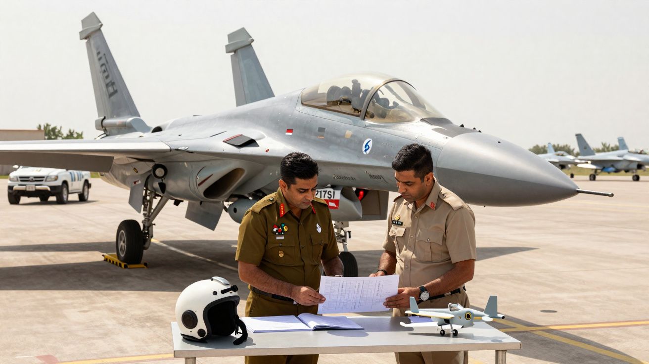Dois militares a analisar documentos junto a um caça estacionado num aeroporto militar, com capacete e modelo de avião na mes
