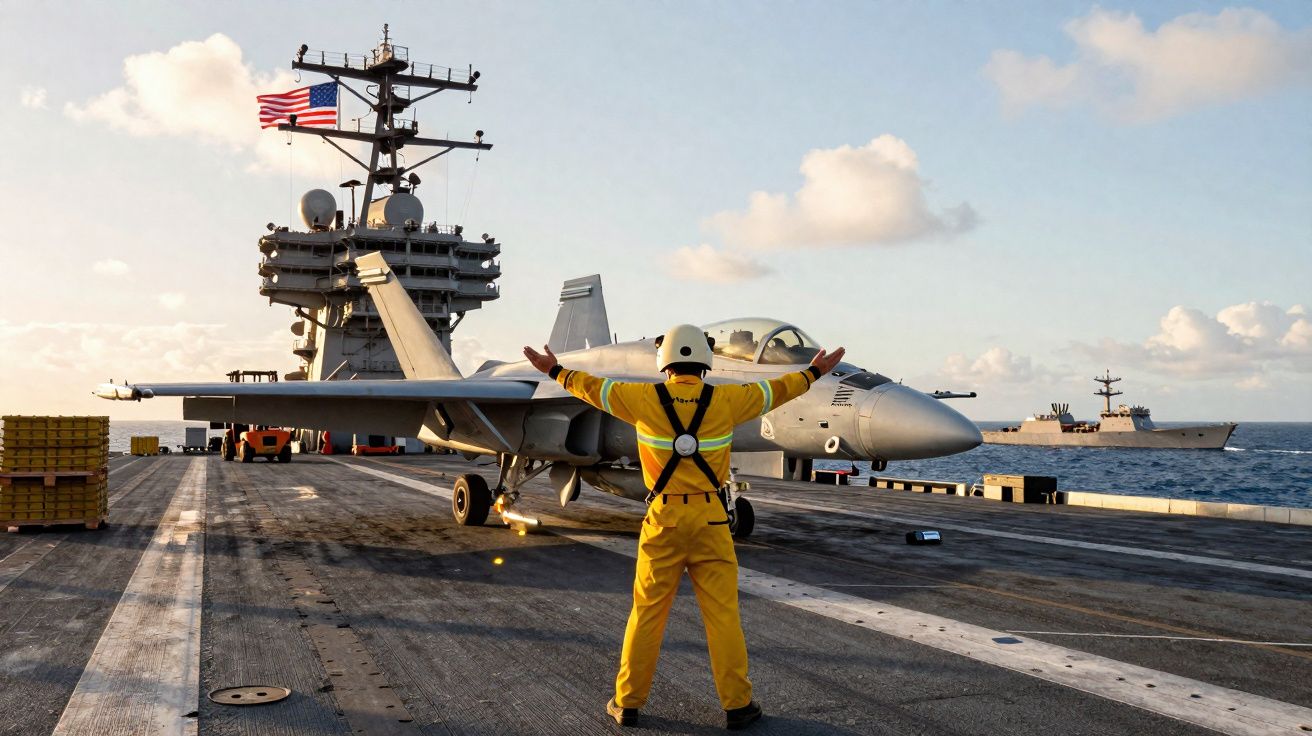 Funcionário em fato amarelo dirige caça num porta-aviões com bandeira dos EUA a içar ao vento.