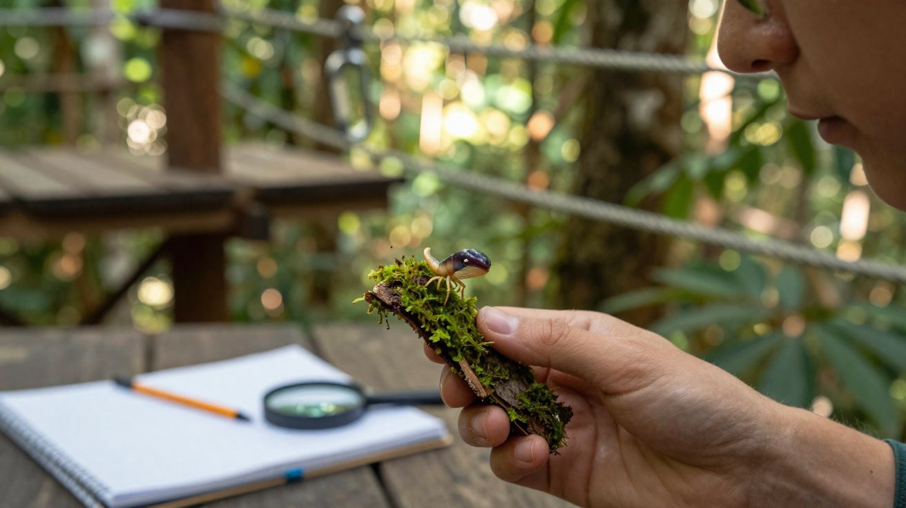 Pessoa segura pedaço de musgo com pequeno animal preto num ambiente natural de investigação.