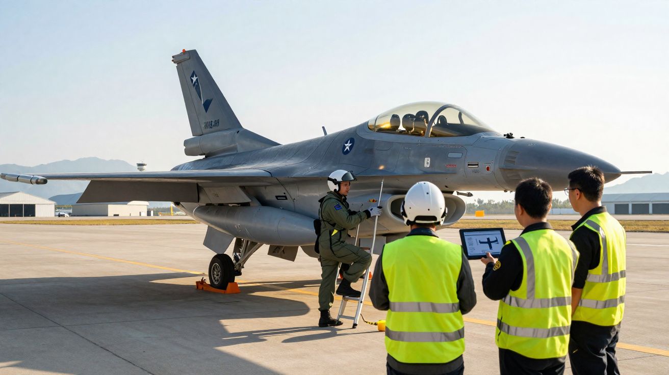 Avião militar estacionado na pista com piloto a subir escada e três técnicos com coletes refletivos a observar.