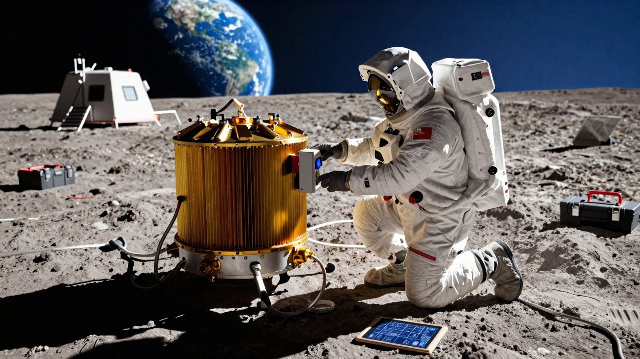 Astronauta em fato espacial trabalha com equipamento dourado na superfície lunar com a Terra ao fundo.