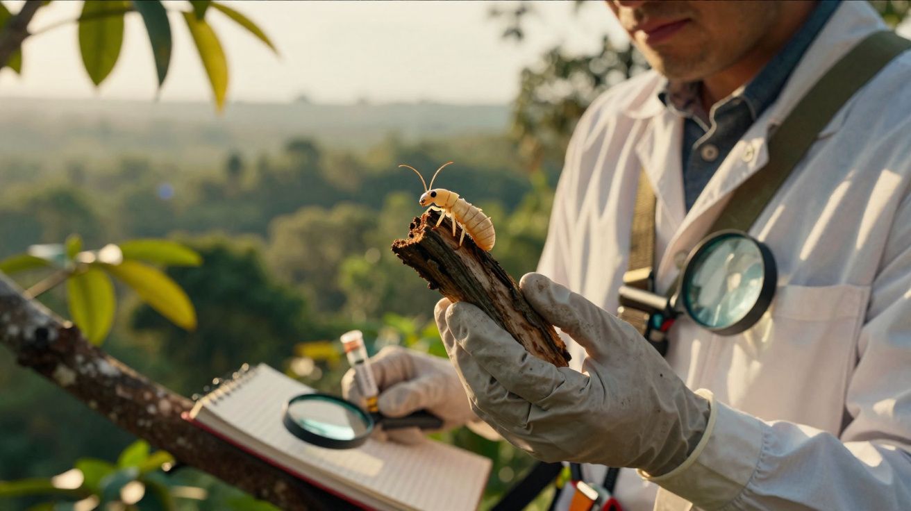 Cientista com bata branca e luvas a observar um insecto amarelo numa floresta, com lupa e bloco de notas.