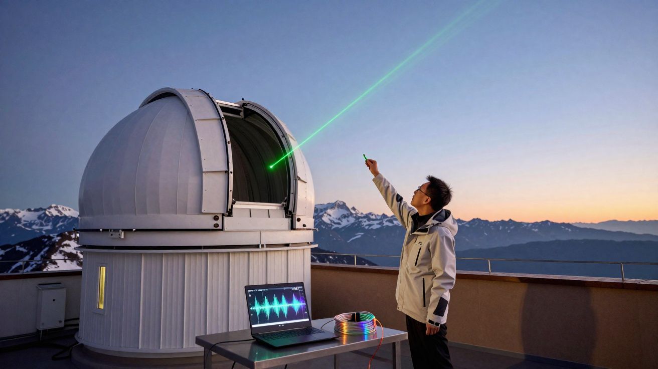 Pessoa aponta para um feixe verde de laser vindo de um telescópio num observatório ao pôr do sol.