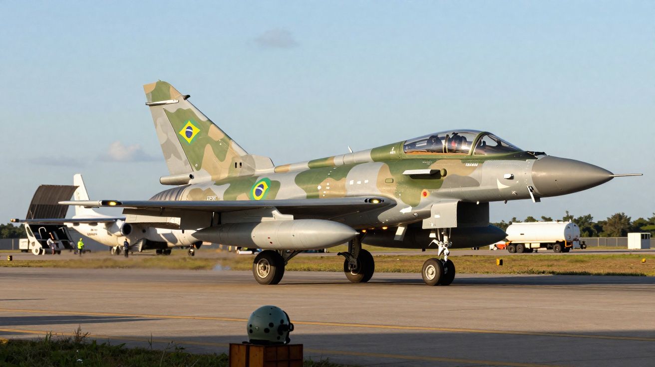 Caça militar camuflado da Força Aérea Brasileira em pista de aeroporto ao pôr do sol.