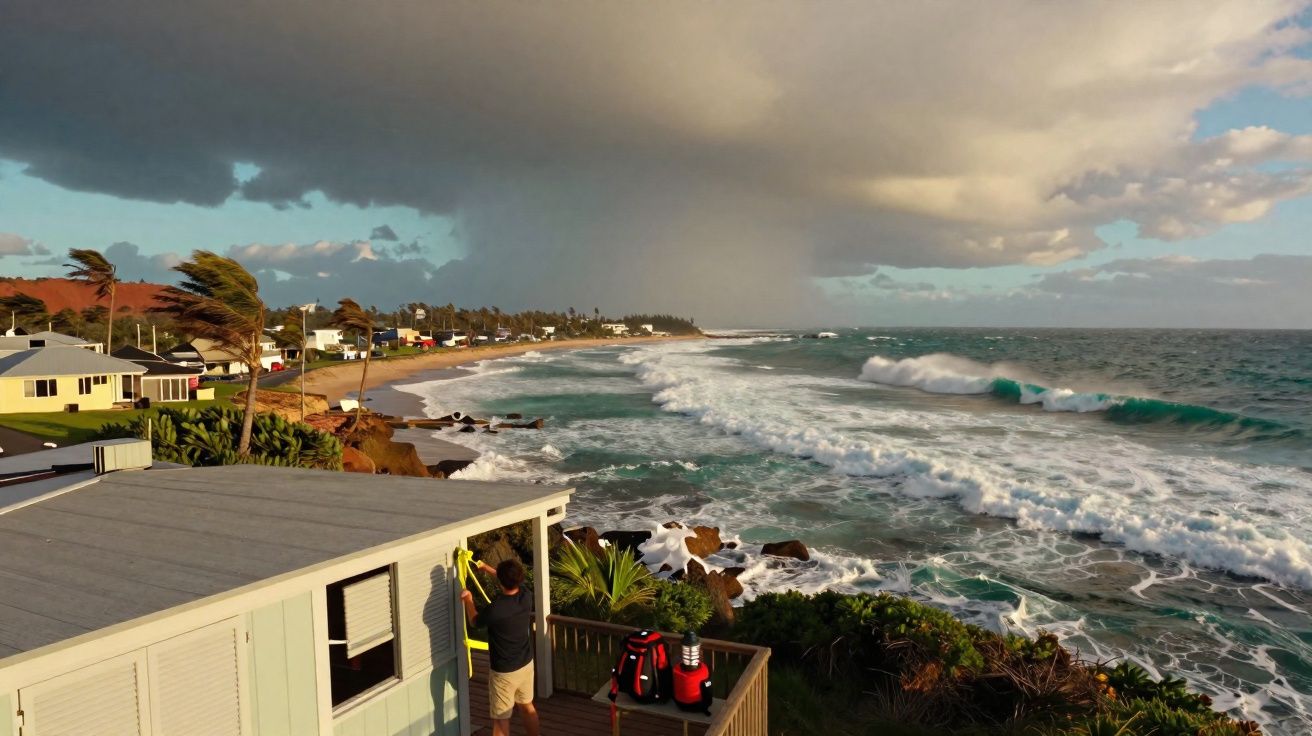 Homem a medir janela de casa na orla marítima com mar agitado e céu nublado ao fundo.
