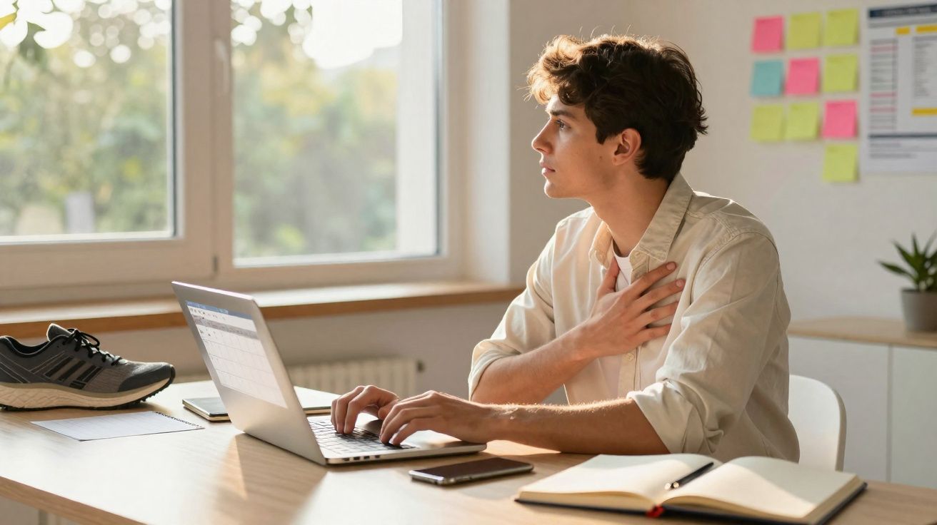 Jovem sentado numa secretária a usar computador portátil, olhando pela janela com mão no peito.