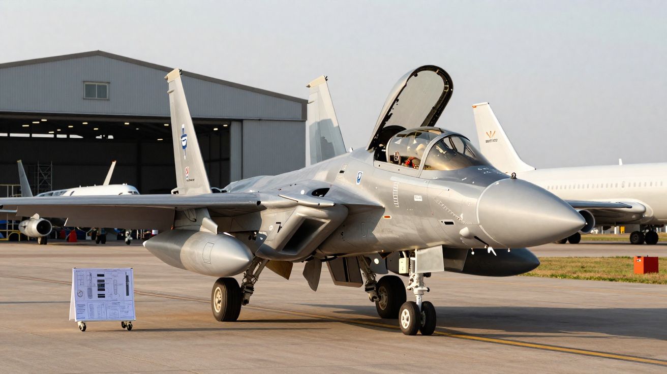 Avião de combate militar cinzento com cabine aberta estacionado em pista junto a hangares.