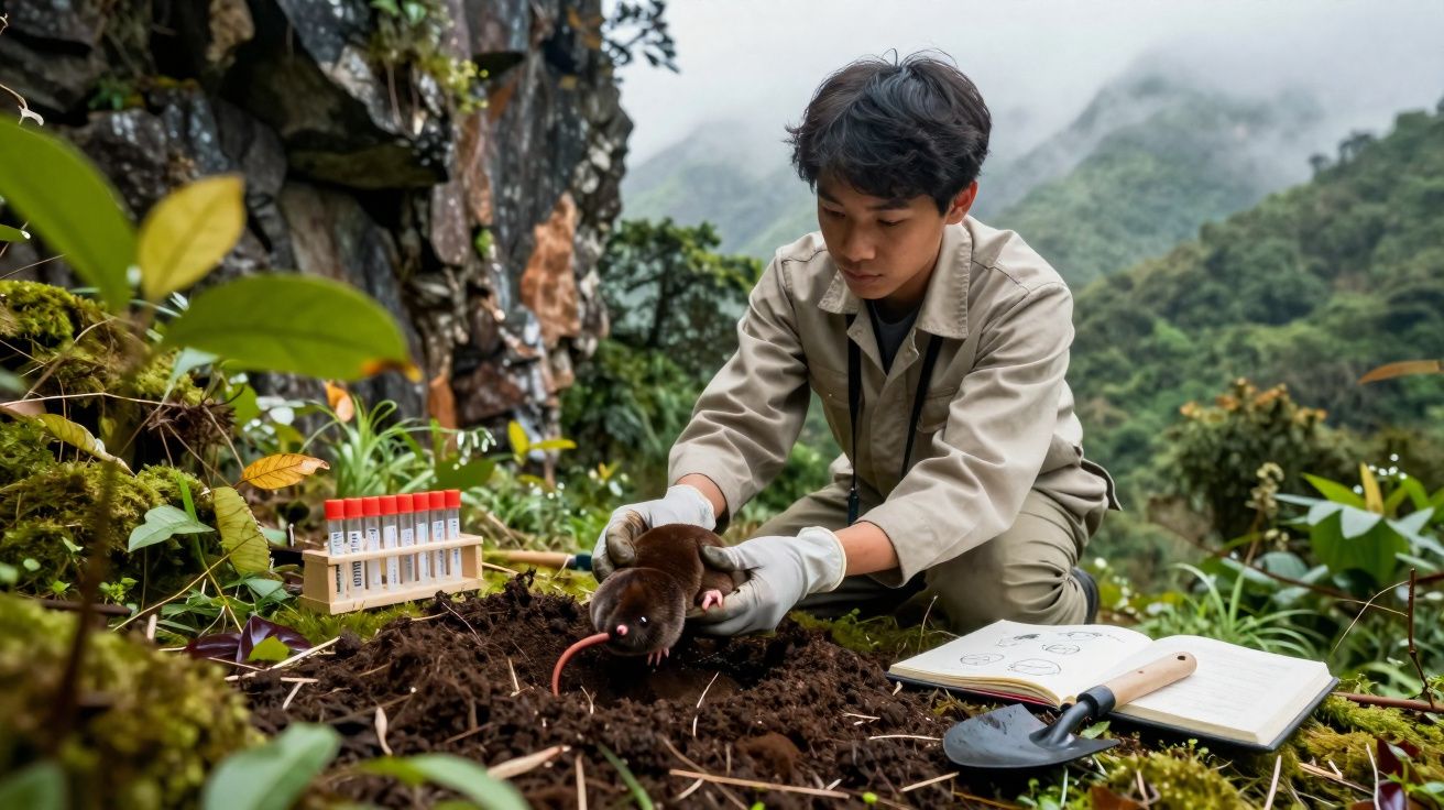 Investigador com roupa de campo segura um pequeno animal no solo numa floresta montanhosa.