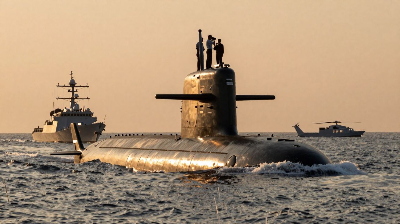 Submarino a navegar no mar com soldados no topo, acompanhado por navio de guerra e helicóptero ao fundo.