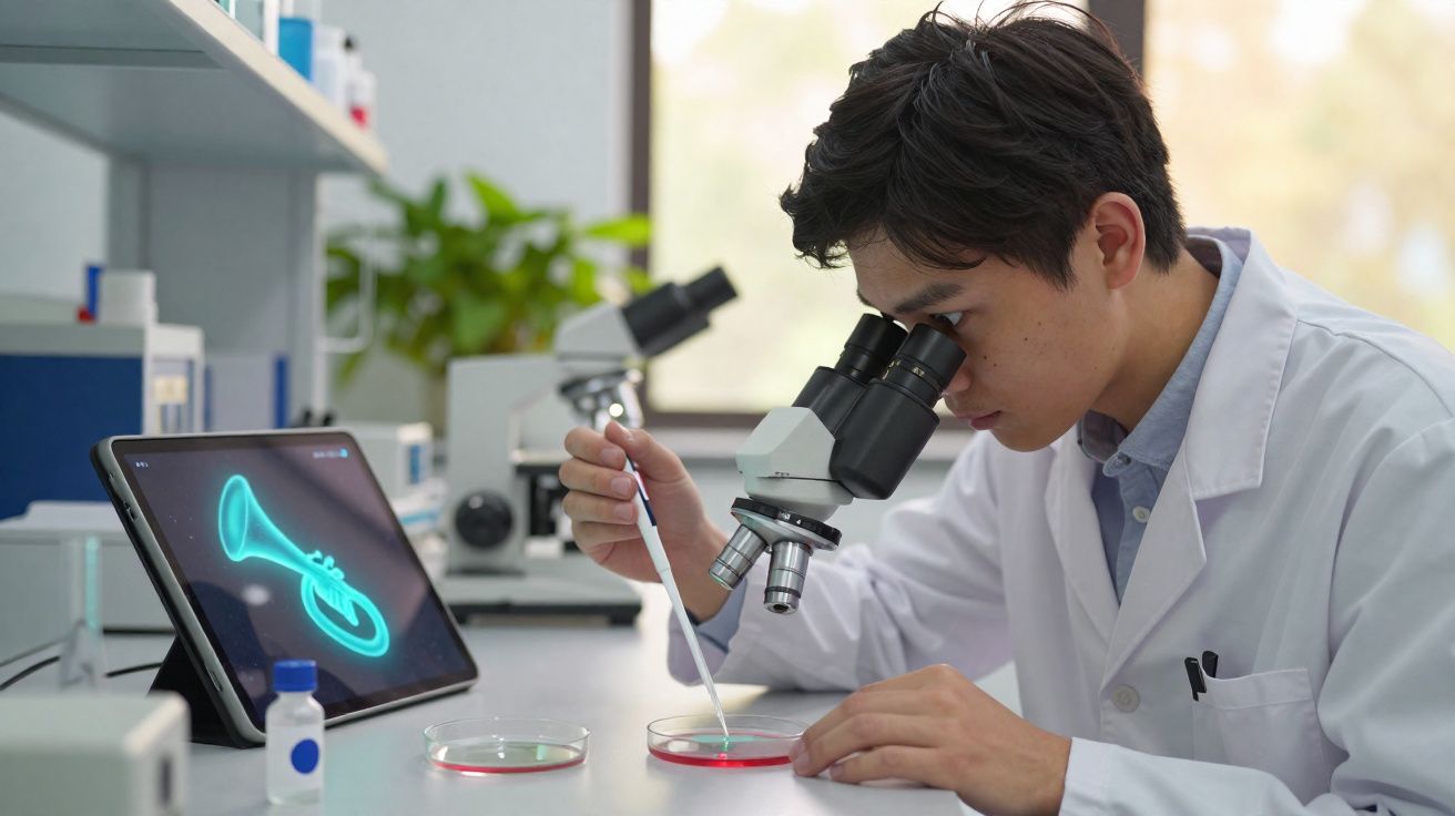 Cientista jovem em bata branca observa amostra com pipeta e microscópio num laboratório moderno.