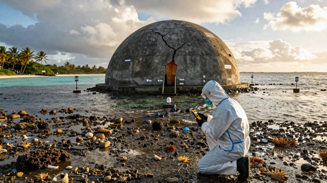 Pessoa de fato de proteção examina terreno rochoso junto a estrutura em cúpula rachada no mar.