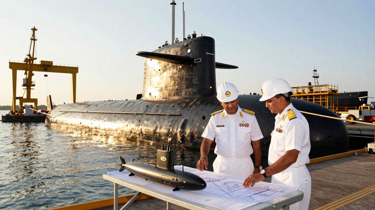 Dois militares com capacetes brancos analisam maquete e plantas de submarino junto a um submarino atracado num porto.