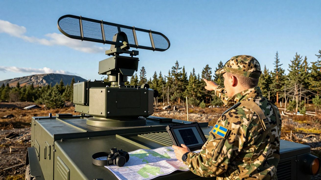Soldado sueco em uniforme camuflado controla equipamento militar com radar montado em veículo, segurando tablet.