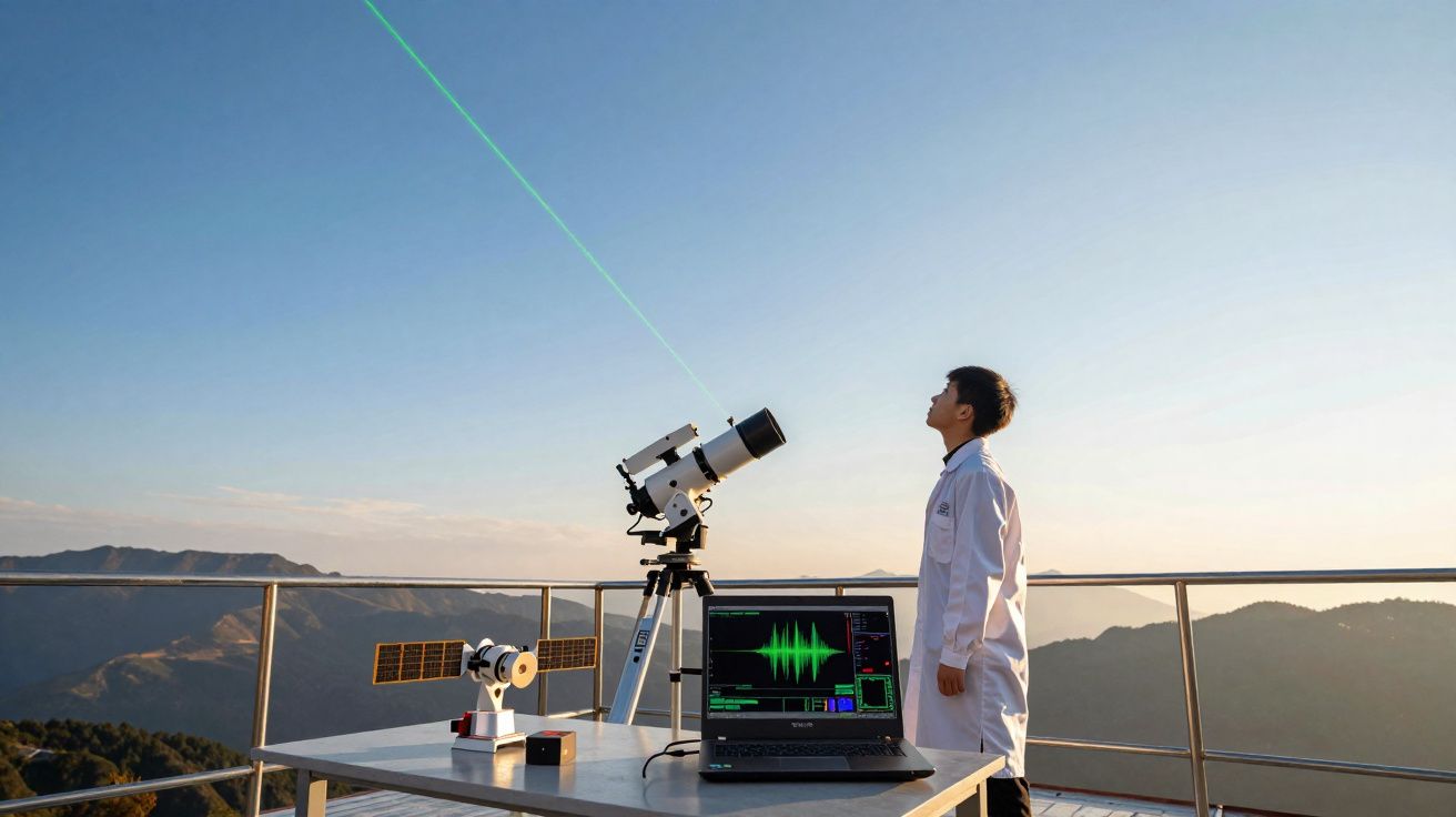Criança em bata branca observa o céu com telescópio e laptop num local elevado com montanhas ao fundo.