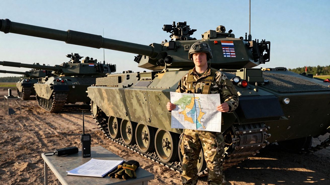 Soldado com fato camuflado e capacete segura mapa junto a dois carros de combate em terreno arenoso.