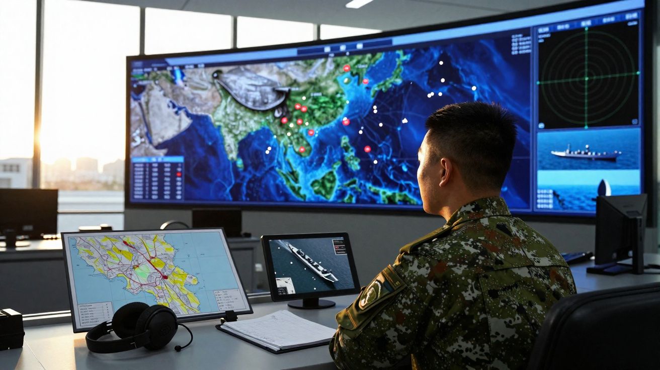Militar numa sala de comando a monitorizar mapas e dados navais em vários ecrãs digitais.