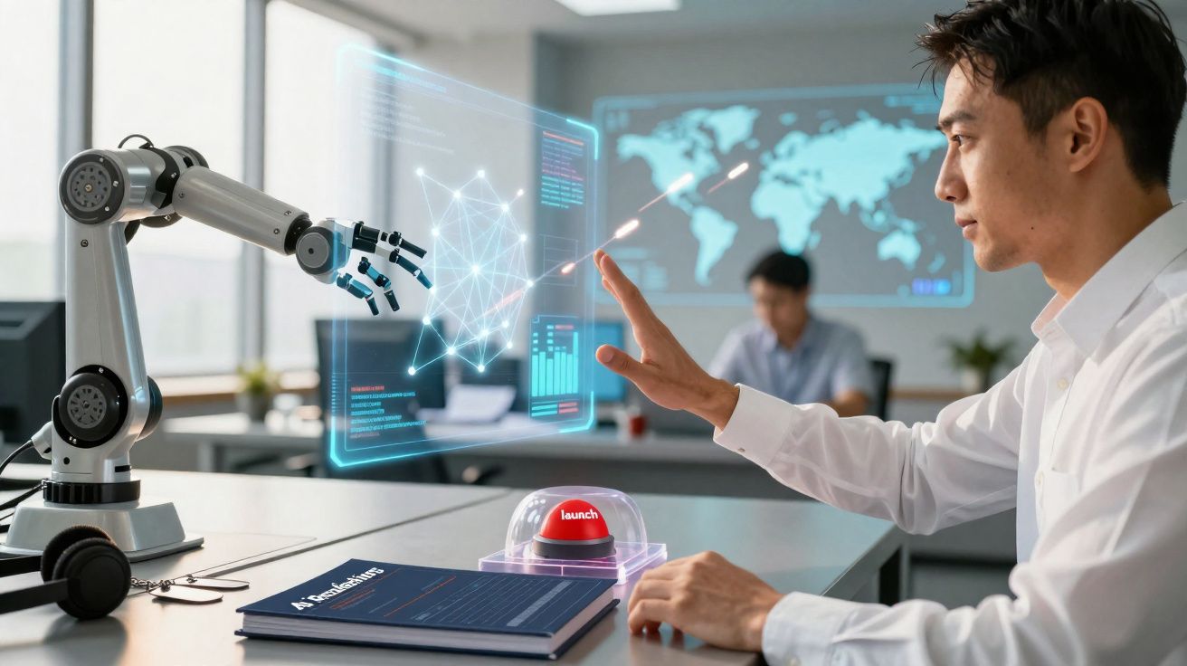 Homem interage com braço robótico e ecrã digital holográfico numa mesa de escritório moderna.