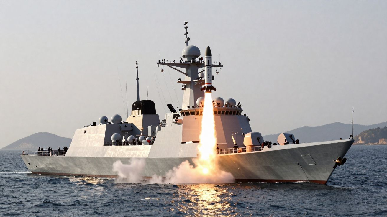 Navio de guerra a lançar míssil sobre o mar com montanhas ao fundo.