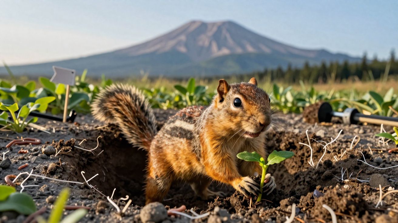 Esquilo jovem numa plantação com montanha ao fundo durante dia claro.