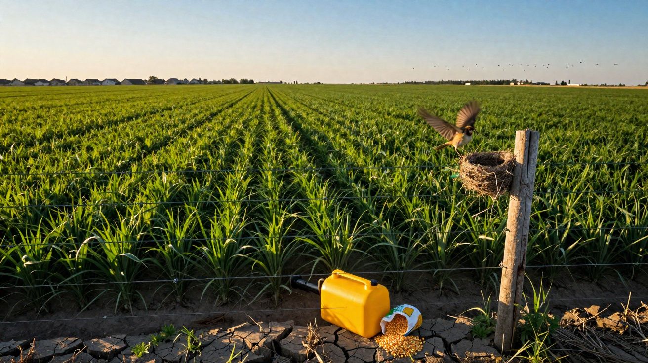 Campo verde com linhas de culturas, um ninho num poste e um pássaro a voar perto dele ao pôr do sol.