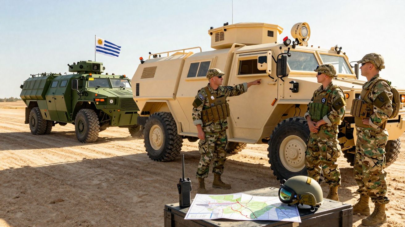 Soldados em uniforme camuflado ao lado de veículos militares blindados em terreno arenoso, com mapa e rádio sobre caixa.