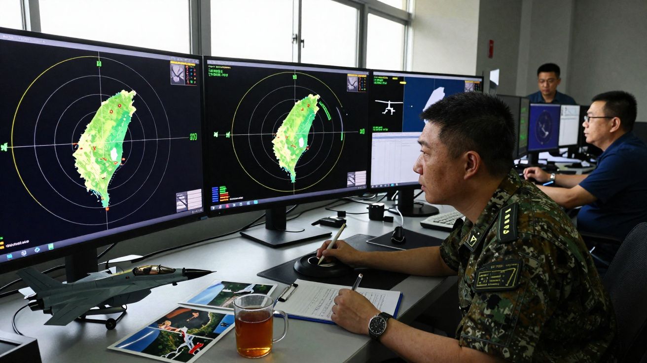 Militar observa mapas de Taiwan em ecrãs enquanto trabalha num comando de operações.