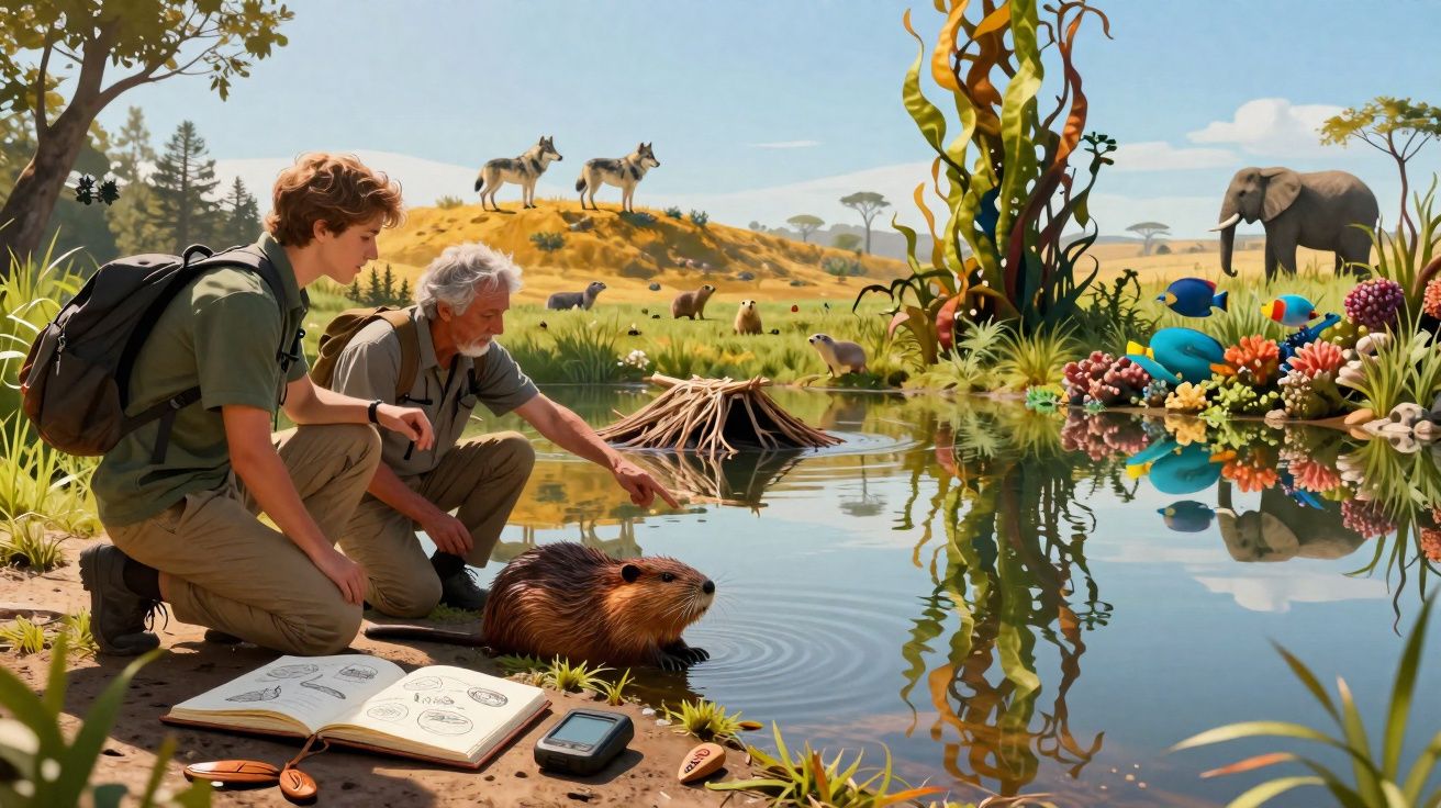 Dois homens observam um castor junto a um lago com vários animais selvagens ao fundo.