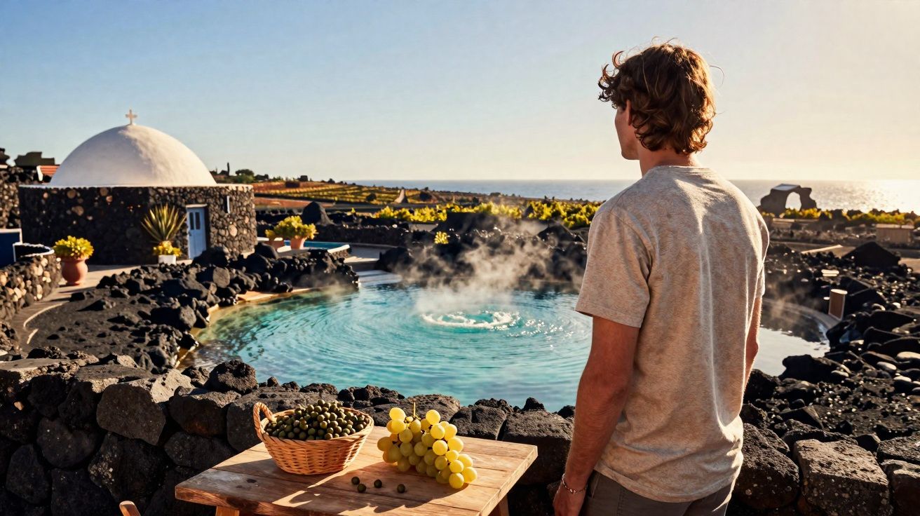 Homem observa lagoa termal rodeada por pedras vulcânicas com cesto de uvas sobre mesa ao pôr do sol.