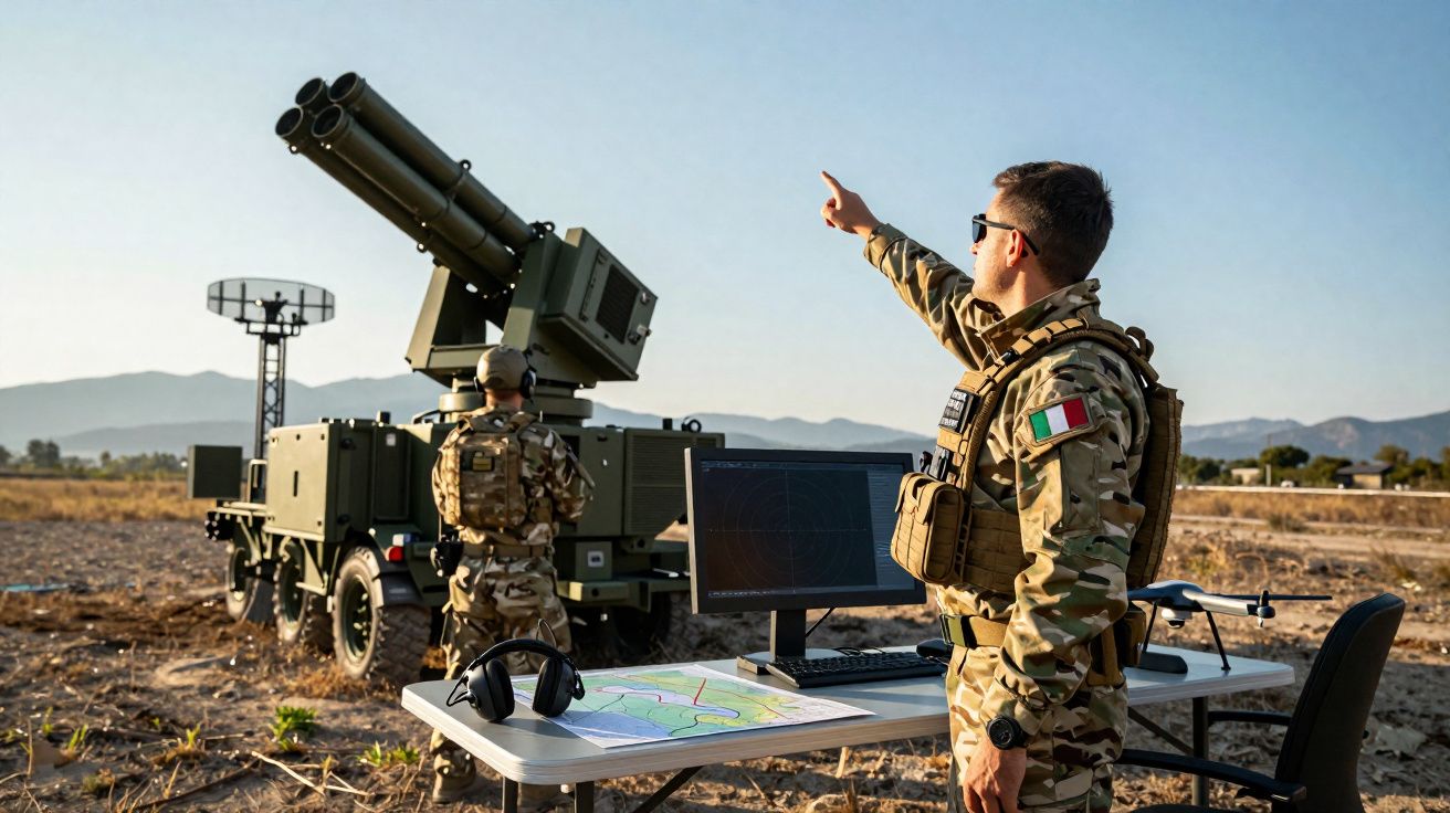 Soldados com uniformes militares perto de equipamento de artilharia com radar numa zona rural ao pôr do sol.