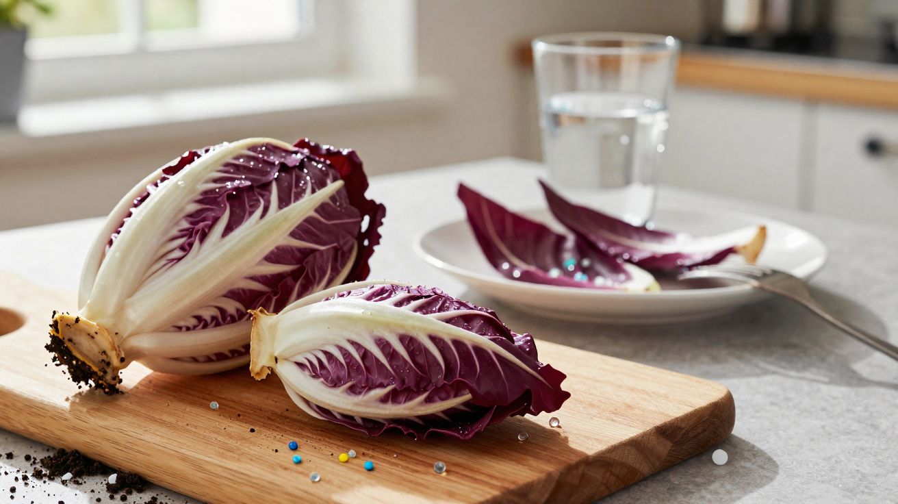 Dois corações de radicchio roxo cortados numa tábua de madeira numa cozinha com um copo de água e um prato ao fundo.