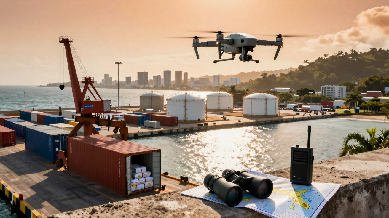 Drone a voar sobre porto marítimo com contentores, binóculos, mapa e rádio comunicador num cais ao pôr do sol.