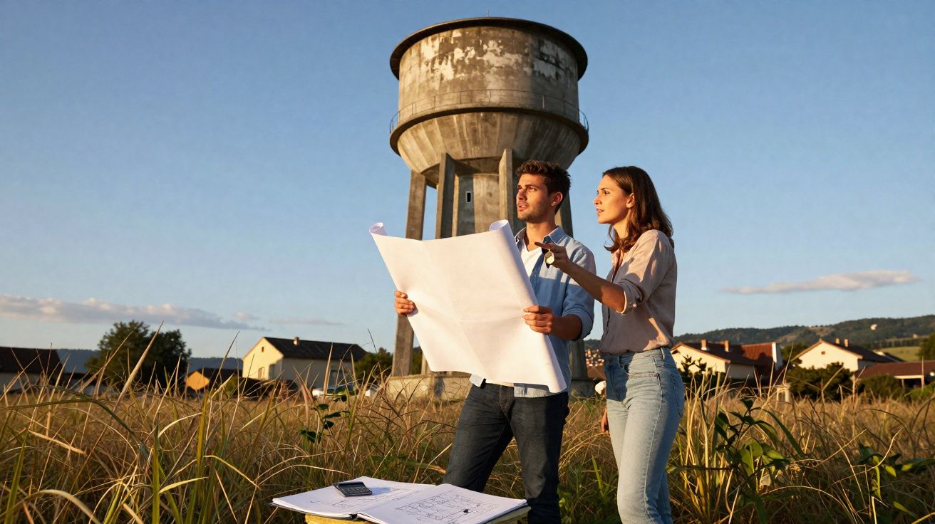Dois jovens a analisar plantas junto a uma torre de água num campo com casas ao fundo ao pôr do sol.