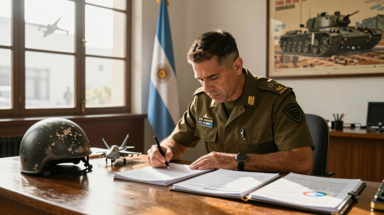 Militar argentino a escrever documentos numa secretária com capacete, modelo de avião e bandeira da Argentina ao fundo.