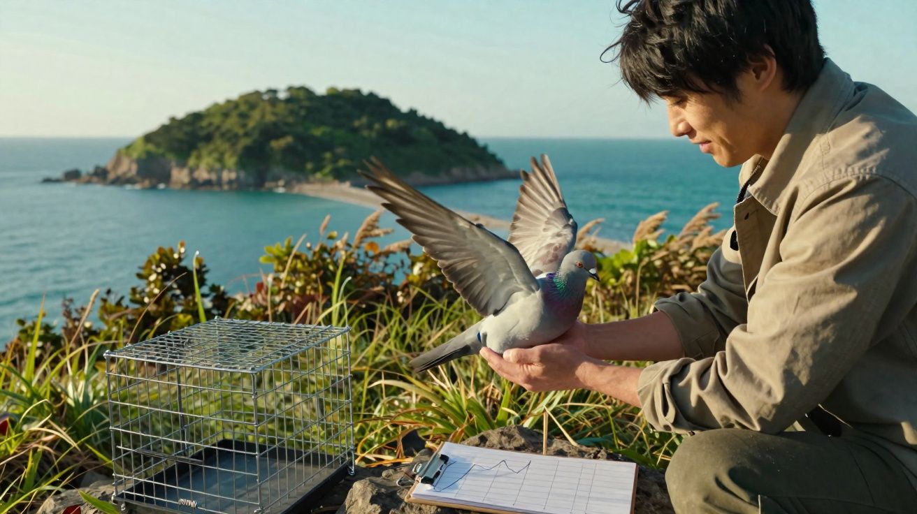 Homem libertando pombo perto do mar com ilha ao fundo e gaiola metálica ao lado.
