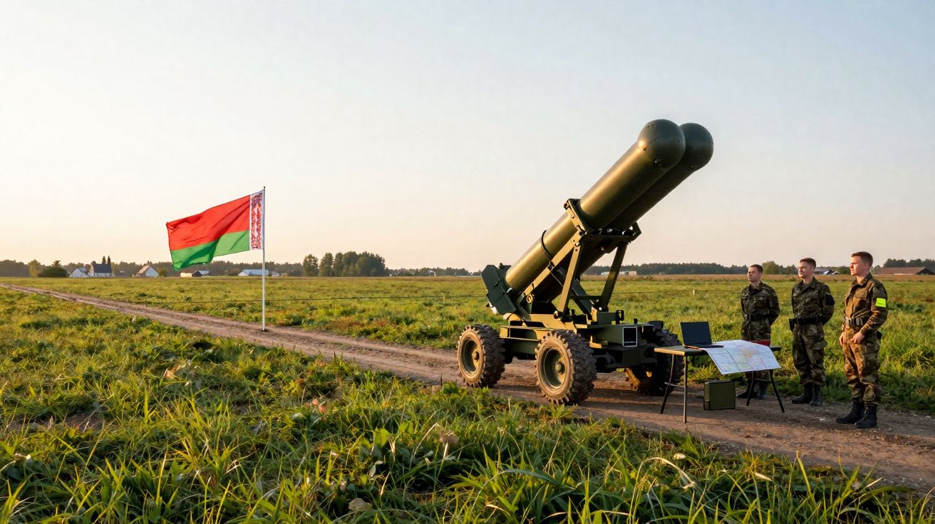 Soldados junto a sistema de artilharia carregado em terreno rural com bandeira da Bielorrússia ao fundo.