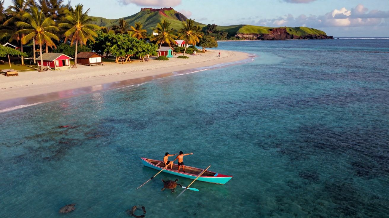 Praia tropical com palmeiras, cabanas coloridas, mar transparente e duas pessoas numa canoa azul.