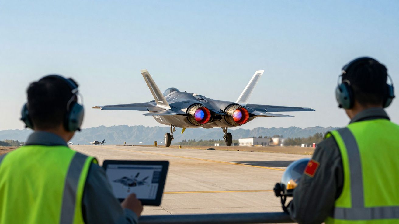 Caça militar a jato decolando com dois técnicos em coletes verdes e auscultadores a observar.