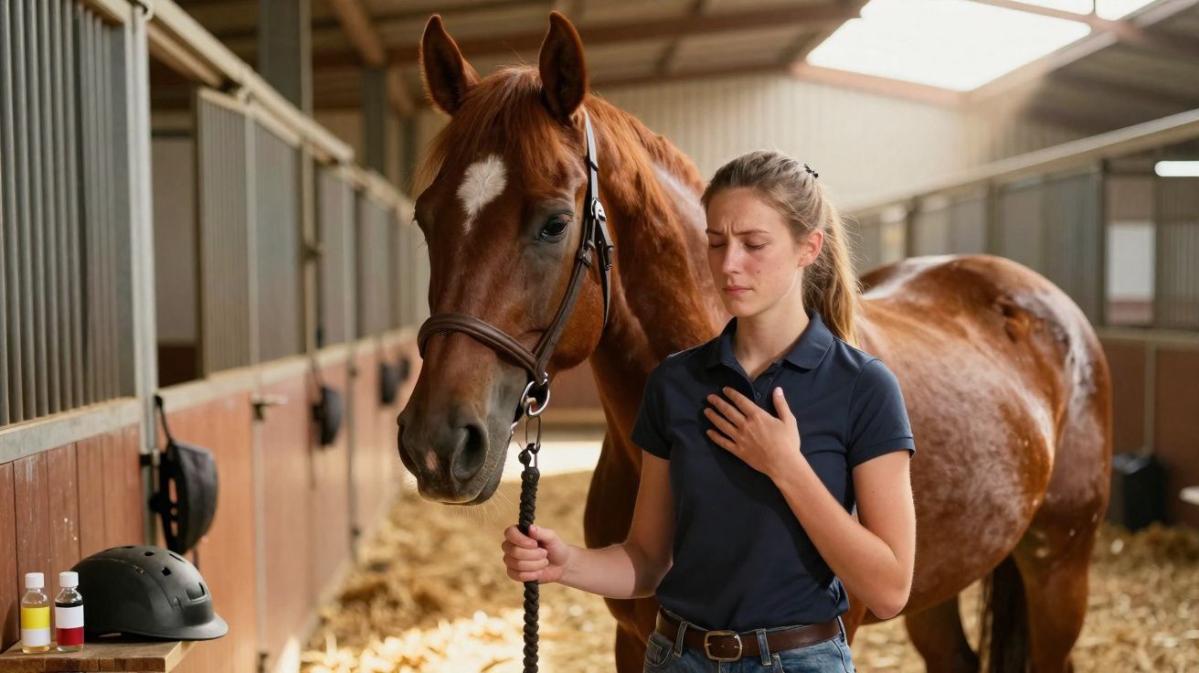 Mulher a cuidar de cavalo castanho numa cava calmo, com capacete e frascos numa bancada ao lado.