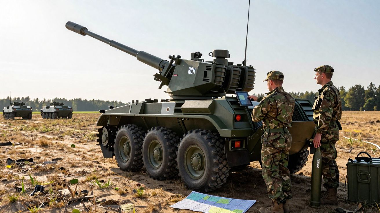 Dois militares em uniforme operam viatura militar blindada com canhão numa zona rural com outras viaturas ao fundo.
