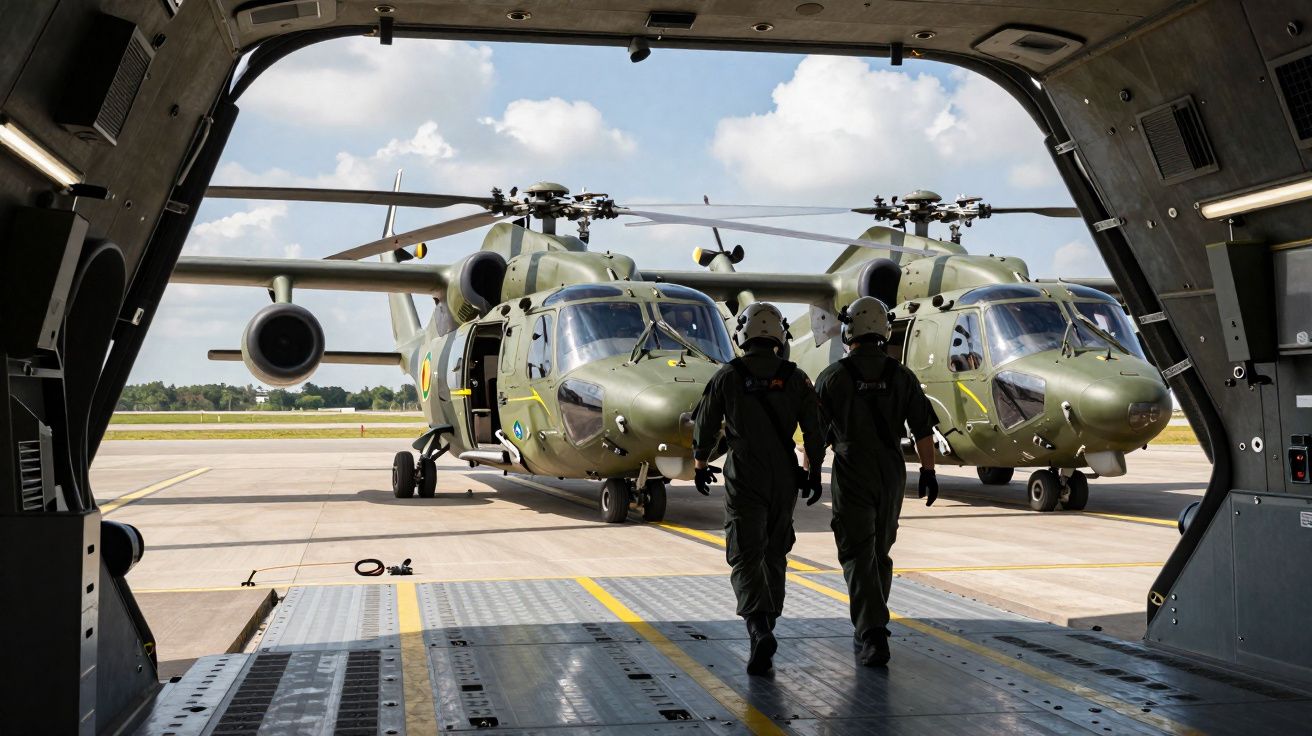 Helicópteros militares estacionados numa pista, vistos do interior de uma aeronave com dois pilotos a caminhar.