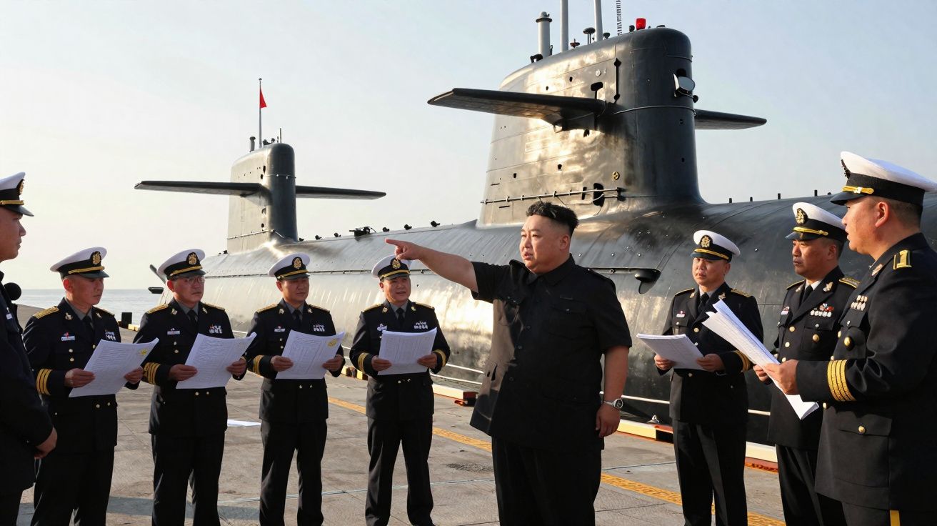 Homem de camisa preta orienta grupo de militares com documentos junto a dois submarinos no cais.