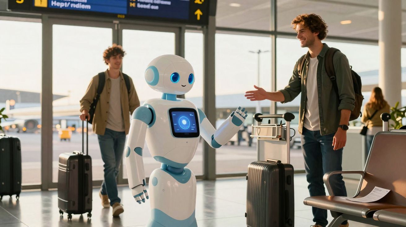 Robô assistente interativo cumprimenta passageiro num aeroporto com bagagens ao redor.