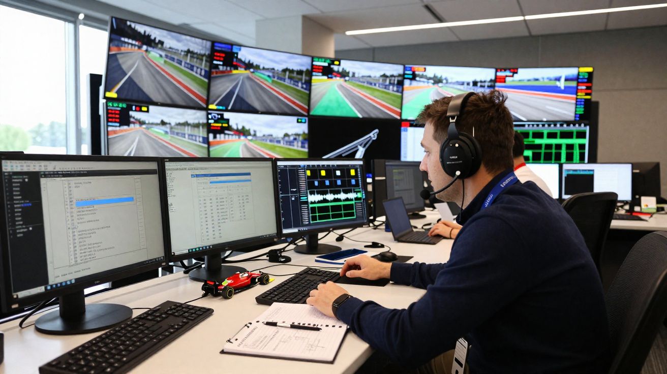 Homem com auscultador analisa dados de corridas em vários ecrãs numa sala de controlo de automobilismo.