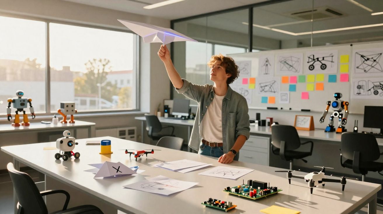 Jovem a lançar avião de papel num laboratório de robótica e engenharia com projetos e drones na mesa.